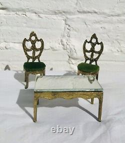 Antique Miniature Doll House Furniture Gilt Ormolu Bronze Velvet Chairs Table