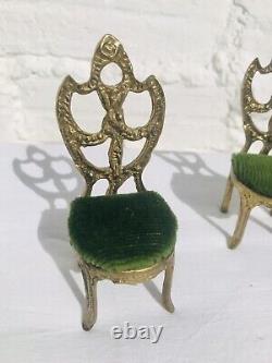 Antique Miniature Doll House Furniture Gilt Ormolu Bronze Velvet Chairs Table
