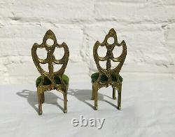 Antique Miniature Doll House Furniture Gilt Ormolu Bronze Velvet Chairs Table