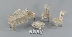 Antique Miniature Dolls House Silver Filigree Garden Set Salon Suite Sofa Chair
