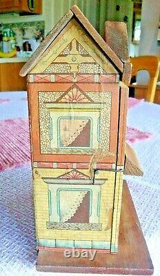 Antique R. Bliss Wood Doll House lithograph paper 2 story with chair