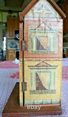 Antique R. Bliss Wood Doll House lithograph paper 2 story with chair