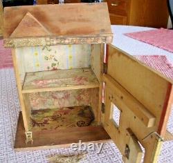 Antique R. Bliss Wood Doll House lithograph paper 2 story with chair