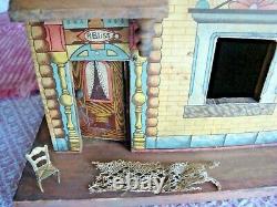 Antique R. Bliss Wood Doll House lithograph paper 2 story with chair