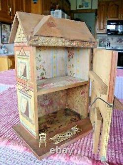 Antique R. Bliss Wood Doll House lithograph paper 2 story with chair