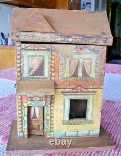 Antique R. Bliss Wood Doll House lithograph paper 2 story with chair