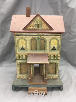 Antique R. Bliss Wooden Dollhouse Lithograph Wood Doll House 2 Story DD343