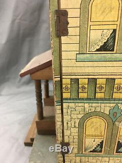 Antique R. Bliss Wooden Dollhouse Lithograph Wood Doll House 2 Story DD343