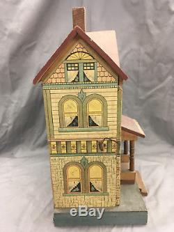 Antique R. Bliss Wooden Dollhouse Lithograph Wood Doll House 2 Story DD343