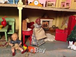 Antique Schoenhut Doll House with Original Furniture & 2 Rare Dolls + extras