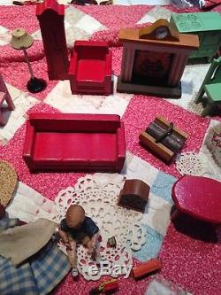 Antique Schoenhut Doll House with Original Furniture & 2 Rare Dolls + extras