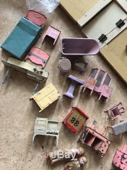 Antique Schoenhut Doll House with Original Furniture & 3 Rare Dolls