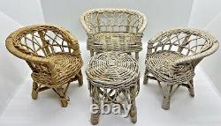 Antique Set 4 Collectable Woven WOod Handmade Miniature Doll House Furniture