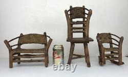 Antique Set 4 Victorian Adirondack Wood Hand-Made Miniature Doll House Furniture