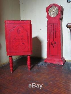 Antique Vintage American Dollhouse Folk Art Rug Grandfather Clock Radio All Wood