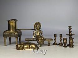 Antique c1900s Collection Brass Miniature Figure Girl Stool Cat for Dolls House