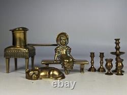 Antique c1900s Collection Brass Miniature Figure Girl Stool Cat for Dolls House