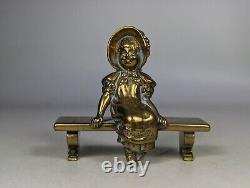 Antique c1900s Collection Brass Miniature Figure Girl Stool Cat for Dolls House