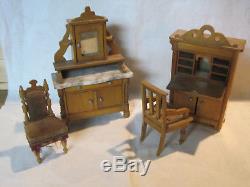 Antique dollhouse Schneegas furniture, sideboard, chairs, secretary desk German