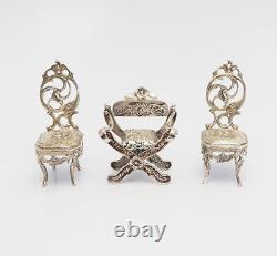 Antique ornate miniature 800 silver 2 chairs armchair doll house toy furniture
