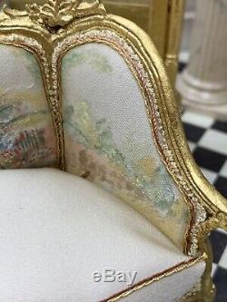 Artisan Maritza Moran Dollhouse Miniature Hand Painted Silk Settee 1/12 Scale