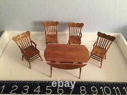 Artisan signed MINIATURE DOLLS' HOUSE wood fold table, chairs Vintage1980's-90's