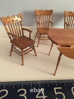 Artisan signed MINIATURE DOLLS' HOUSE wood fold table, chairs Vintage1980's-90's