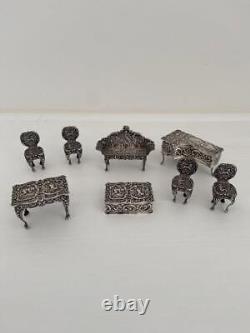 BEAUTIFUL MINIATURE SILVER DOLLS HOUSE FURNITURE SET London 1973