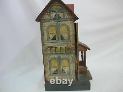 BLISS Antique 1901 Dollhouse WOOD Extended Porch 4 Cut-Out Windows Curtains