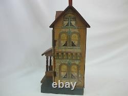 BLISS Antique 1901 Dollhouse WOOD Extended Porch 4 Cut-Out Windows Curtains