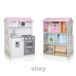 Baby Vivo 2in1 Wooden Kitchen Doll House Kids Pretend Role Play Toy Miniature