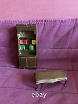 Beautiful old Miniature Doll's House Bookcase And Wooden Coffee Table