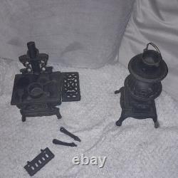 Cast Iron Black Miniature Stove and Pot Belly Stove Vintage Dollshouse 2 piece