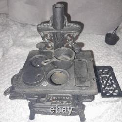 Cast Iron Black Miniature Stove and Pot Belly Stove Vintage Dollshouse 2 piece
