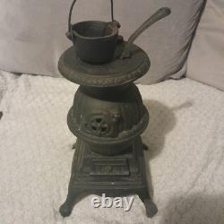 Cast Iron Black Miniature Stove and Pot Belly Stove Vintage Dollshouse 2 piece