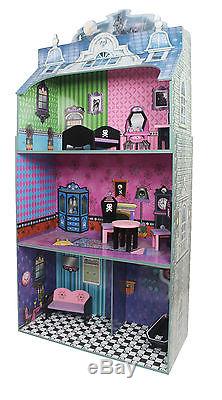 Childrens Monster Mansion Wooden Kids Doll House with 7 pcs Furniture