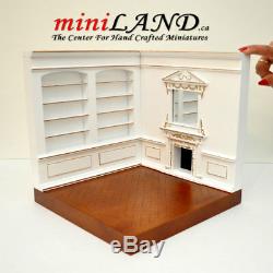 Corner roombox fireplace shelves 1:12 dollhouse miniatures white gold room 