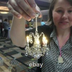 Crystal SILVER Chandeliers 6 arms LED Bright On/Off Switch Dollhouse Miniature