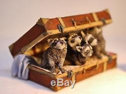 D/house Miniature Racoons Living in a Suitcase 1/12th OOAK