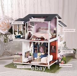 DIY Dollhouse Miniature Furniture Kit with LED Light Wood Doll House Toys Gifts