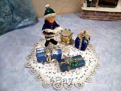 DOLLHOUSE Miniature Christmas Tree, Skirt, Caroler, 3 Presents, Drum Handcrafted