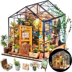 Doll House Kit Greenhouse, DIY Miniature Room with LED Light, Wooden Model Build