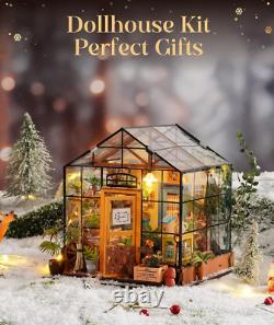Doll House Kit Greenhouse, DIY Miniature Room with LED Light, Wooden Model Build