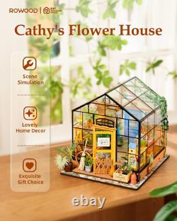 Doll House Kit Greenhouse, DIY Miniature Room with LED Light, Wooden Model Build