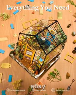 Doll House Kit Greenhouse, DIY Miniature Room with LED Light, Wooden Model Build