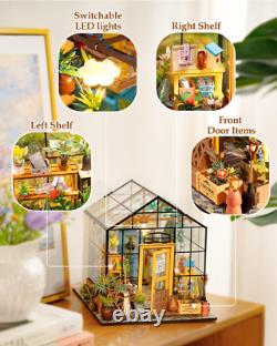 Doll House Kit Greenhouse, DIY Miniature Room with LED Light, Wooden Model Build