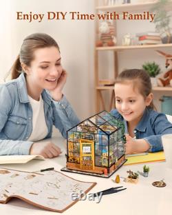 Doll House Kit Greenhouse, DIY Miniature Room with LED Light, Wooden Model Build