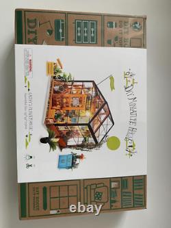 Doll House Kit Greenhouse, DIY Miniature Room with LED Light, Wooden Model Build