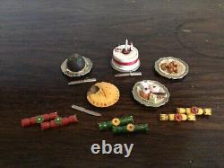 Doll's house miniature metal christmas crackers, PSC christmas cake, pudding etc