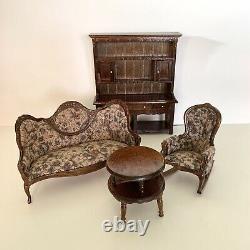 Dollhouse Furniture Living Room Victorian Floral Sofa Rocking Chair & Hutch 112